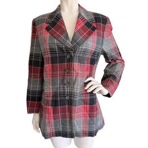LAUREL by ESCADA Vintage Blazer Jacket Red Gray Plaid 100% New Wool Size 38